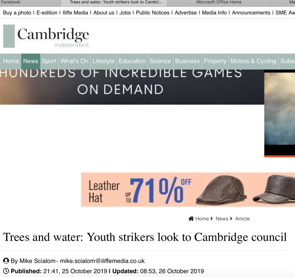 Cambridge Independent: Screenshot of article 'Trees and Water: Youth Strikers look to Cambridge Council'